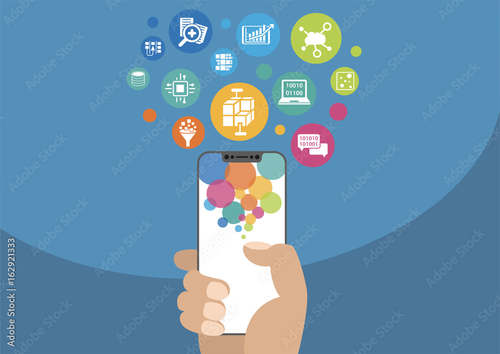 Big data and mobile analytics concept as vector illustration with hand ...