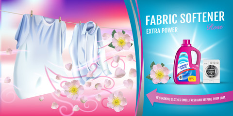Wall Mural - Rose fragrance fabric softener gel ads. Vector realistic Illustration with laundry clothes and softener rinse container. Horizontal banner