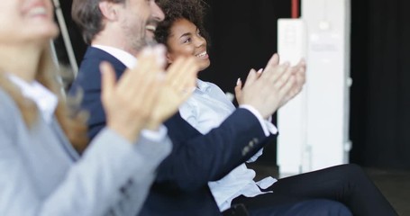 Wall Mural - Group Of Business People Applauding At Conference Meeting, Seminar Listeners Greeting Speaker Clapping Hands In Office Slow Motion 60