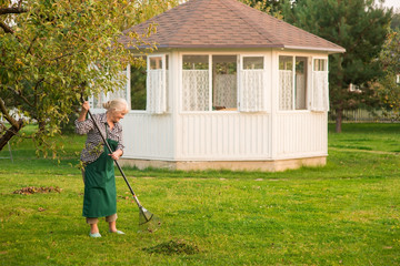 Wall Mural - Senior woman with rake, garden. Lady working outdoors.