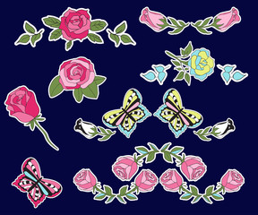 Roses and butterflies patches set. Colorful pins collection in cartoon 80s-90s style. Vector sticker set.