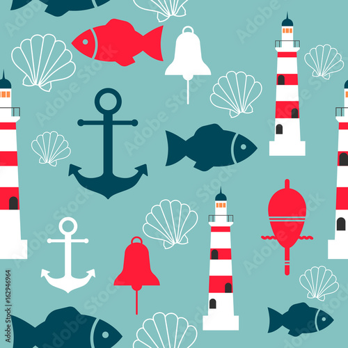 Fototapeta na wymiar Vector seamless pattern with sea elements: lighthouses, anchors, fish, shell. Can be used for wallpapers, web page backgrounds.