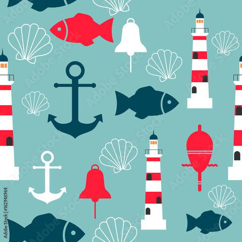 Naklejka na kafelki Vector seamless pattern with sea elements: lighthouses, anchors, fish, shell. Can be used for wallpapers, web page backgrounds.