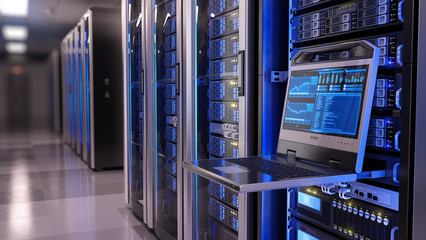rackmount led console in server room data center - 3d illustration
