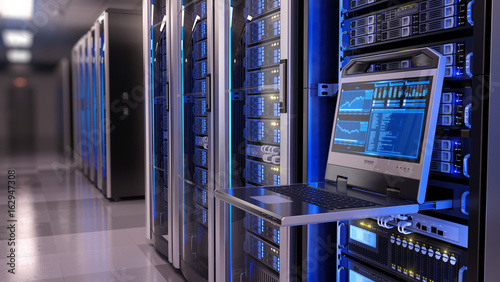 Cuadros en Lienzo Rackmount LED console in server room data center - 3d illustration