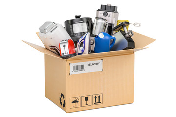 Poster - Cardboard box with household and kitchen appliances, delivery concept. 3D rendering