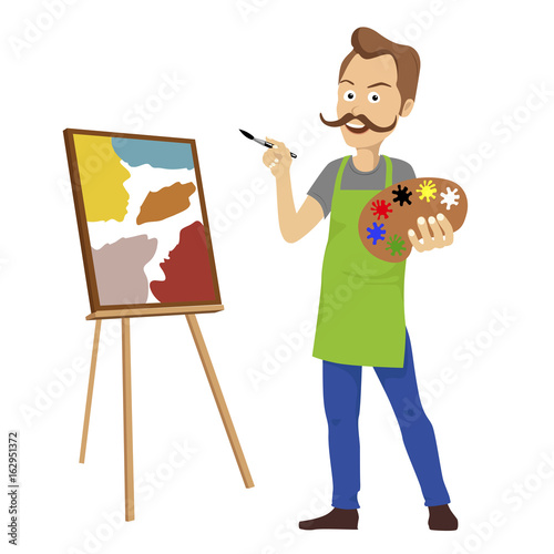 Cute Male Artist With Big Mustache Holding Color Palette Painting