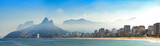 Panoramic landscape of the beaches of Arpoador, Ipanema and Leblon in Rio de Janeiro with sky and the hill Two brothers, Vidigal, and Gavea stone in the background