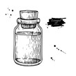 Essential oil glass bottle hand drawn vector illustration. Isolated drawing for Aromatherapy treatment, alternative medicine, beauty and spa