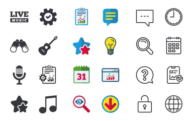 Poster - Musical elements icons. Microphone and Live music symbols. Music note and acoustic guitar signs. Chat, Report and Calendar signs. Stars, Statistics and Download icons. Question, Clock and Globe