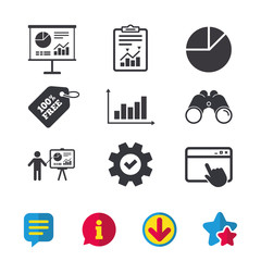 Poster - Diagram graph Pie chart icon. Presentation billboard symbol. Supply and demand. Man standing with pointer. Browser window, Report and Service signs. Binoculars, Information and Download icons. Vector