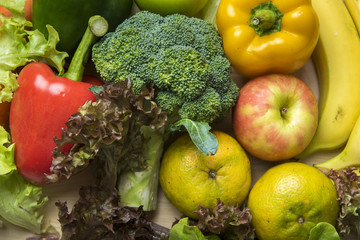 Vegetables and fruits on wood table ,Healthy food concept