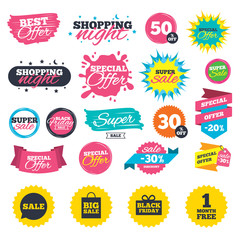 Poster - Sale shopping banners. Sale speech bubble icon. Black friday gift box symbol. Big sale shopping bag. First month free sign. Web badges, splash and stickers. Best offer. Vector