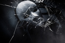 Mysterious Woman In Black Wearing White Mask Hidden Shattered Glass ,Scary Background For Book Cover
