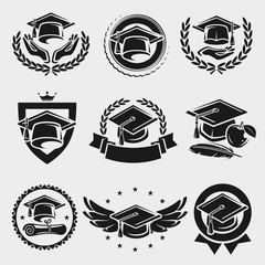 Graduation cap labels set. Vector