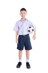 Young asian student with ball over white background