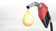 3d rendering of a large red gas nozzle in close view with a bright yellow oil drop falling out of it.