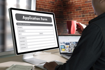 Poster - business man working on laptop computer use Online Web Job Application Form moniter