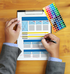 Aufkleber - Creative Designer Graphic at work. Color swatch samples, Illustrator Graphic designer working digital tablet and computer