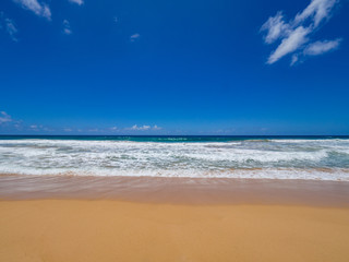 Blue Sky, Golden Sand and Waves, Kealia Beach, Kapaa, Kauai, Hawaii, USA