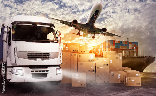 Fotomural Truck, aircraft and cargo ship ready to start to deliver