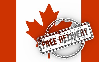 Wall Mural - Distressed stamp icon. Graphic design elements. 3D rendering. Free delivery text. Flag of the Canada