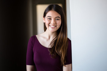 Nice proper conservative casual female headshot, reserved shy asian american ethnicity