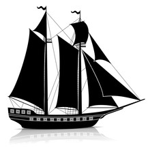 Silhouette Vintage Sailing Ship With Reflection