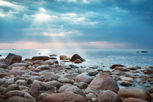 Rocky Shores At The Sea In Sunset Light. Lahemaa Natural Park Coastal Landscape With Beautiful Sky
