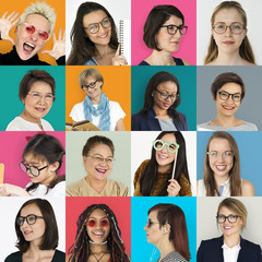 Wall Mural - People Set of Diversity Women Wearing Eyeglasses Studio Collage