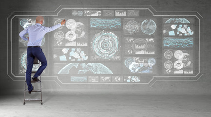 Poster - Businessman using graph screens interface on a wall 3D rendering