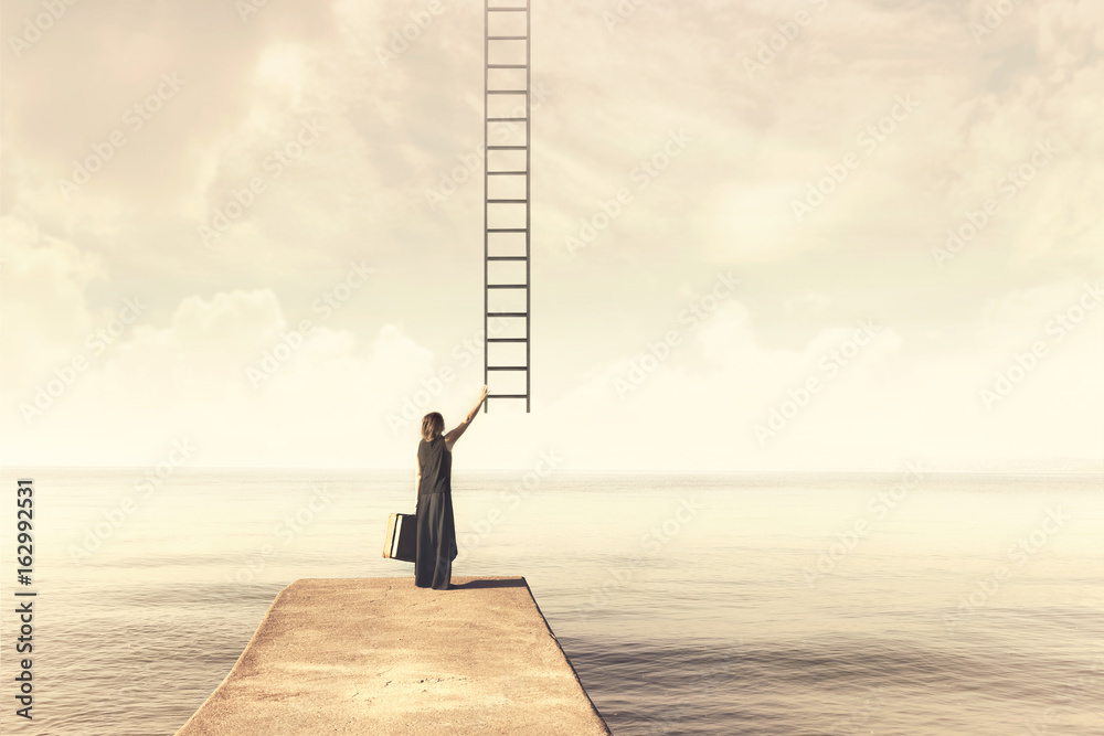   Woman takes up imaginary ladder from the sky to a disenchanted destination - obrazy, fototapety, plakaty 