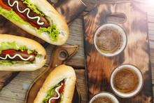 Beer And Hot Dogs. Concept Of Eating Outdoors.