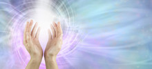 Channeling Vortex Healing Energy  - Female Hands Reaching Up With White Vortex Energy Formation And Pink Blue Ethereal Energy Field  Background