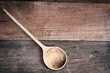 High angle view of a old empty wood spoon over a rustic wooden background. Available copy space for text.