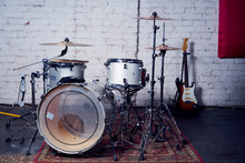 Modern Drum Set On Stage Prepared For Playing.