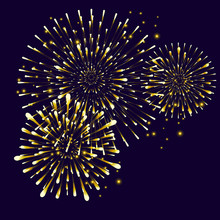 Realistic Festive Gold Firework Bursting In Various Shapes Sparkling Burst Sparkles, Shiny Stars Night Background. Vector Isolated Illustration For National Events Holiday Christmas Birthday