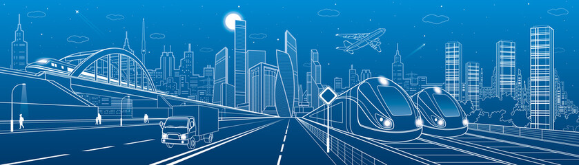 Wall Mural - Locomotive rides on bridge. Truck driving to highway. Two trains. People walking. Urban infrastructure, modern city on background, towers and skyscrapers, airplane fly. Vector design art 