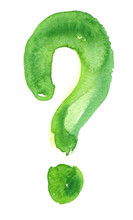 Single Big Green Question Mark Painted In Watercolor On Clean White Background