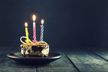 Chocolate Cake With A Candle And Gifts.Happy Birthday, Card. Holidays Greeting Card.