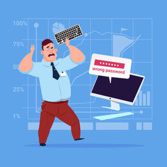 Poster - angry business man inputting wrong password using computer problem with access concept flat vector i