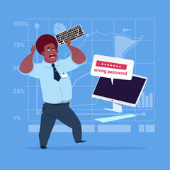 Poster - Angry African American Business Man Inputting Wrong Password Using Computer Problem With Access Concept Flat Vector Illustration
