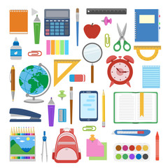 school supplies and items set isolated on white background. back to school equipment. education work