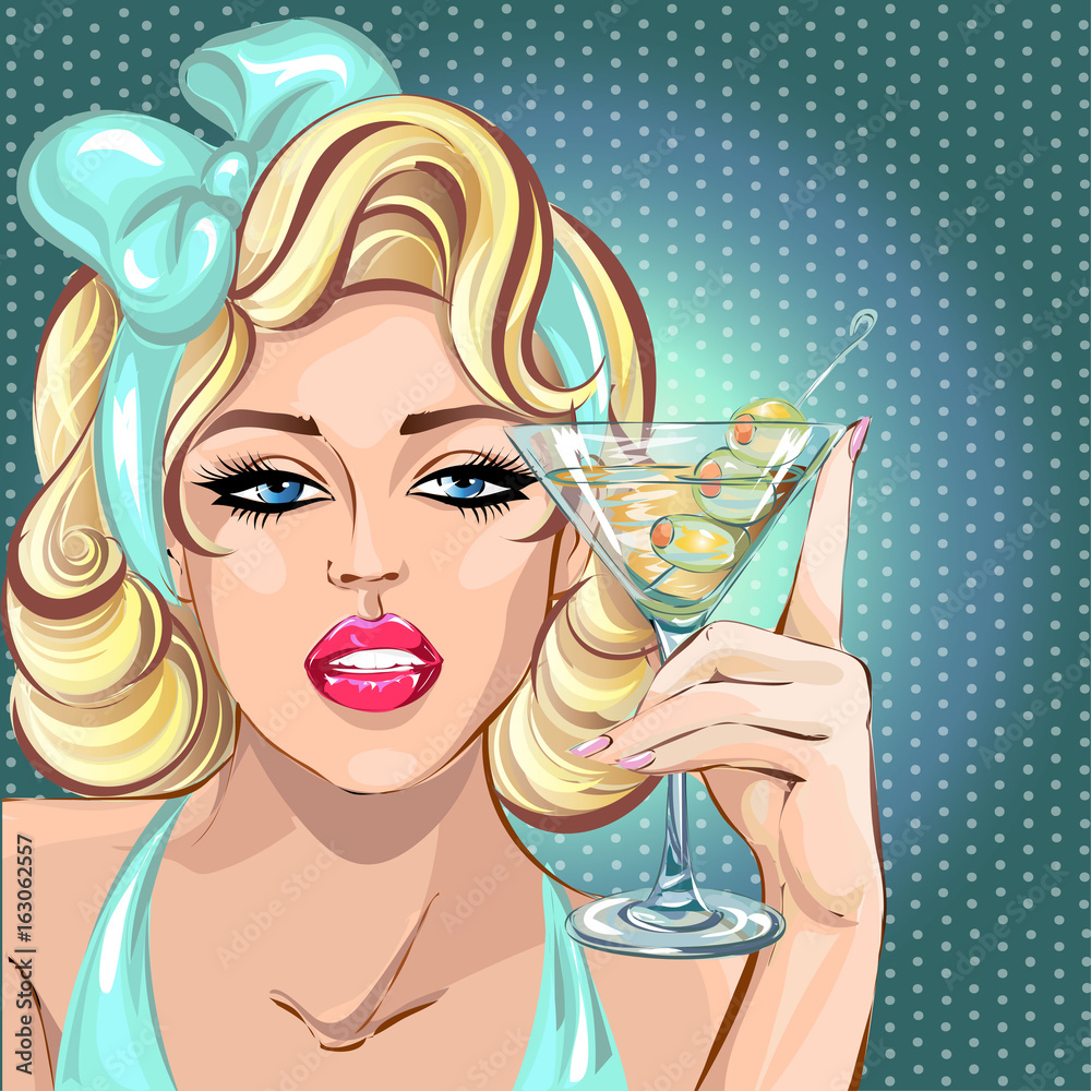 Pin up sexy blonde woman drinking martini, pop art girl portrait ...