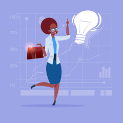Poster - African American Business Woman New Creative Idea Concept With Light Bulb Flat Vector Illustration