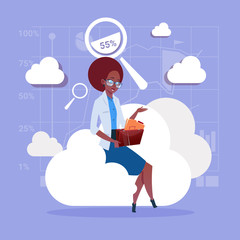 Poster - african american business woman sitting on cloud search data in database storage flat vector illustr