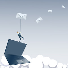 Poster - Business Man Standing On Laptop Computer Holding Envelope Message Social Media Communication Email Concept Vector Illustration