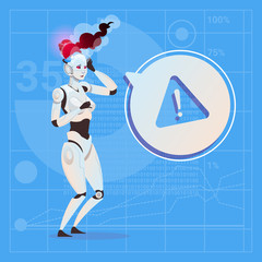 Poster - Modern Robot Female Warning Message Error Futuristic Artificial Intelligence Technology Concept Flat Vector Illustration