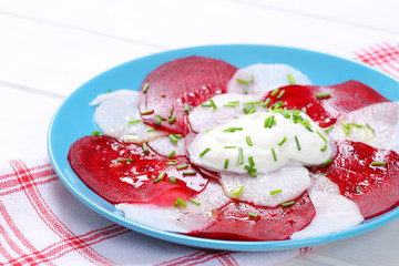 Sticker - beetroot and white radish carpaccio with yogurt