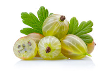Ripe Green Gooseberries With Leaves Isolated On White